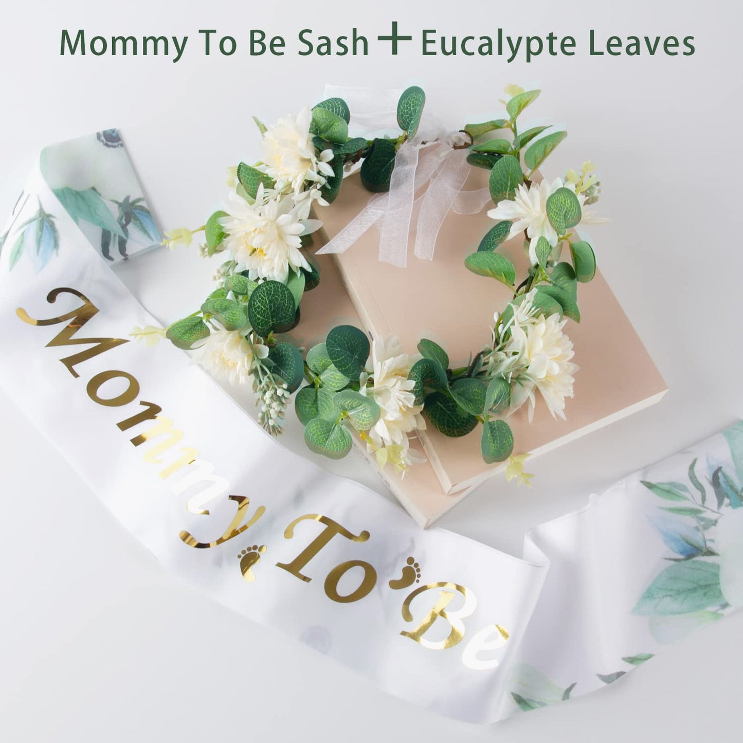 Maternity Sash and Crown Set Eucalyptus Mommy to Be Eucalyptus Floral Crown for Women Baby Shower Photo Prop Maternity Gift Ideas Gender Neutral Baby Shower Decorations Eucalyptus Baby Shower Favors Apparel & Accessories > Clothing Accessories > Sashes XHGYMI