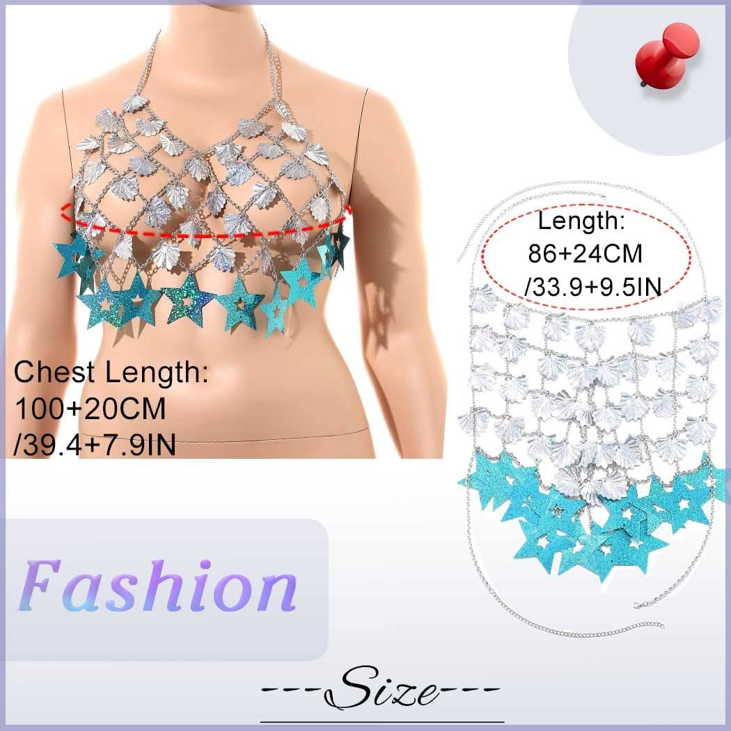 Sexy Body Chain Bikini Silver Tassel Star Sequins Bra Halter Backless Crop Top Shell Beach Party Chest Chains Jewelry for Women Apparel & Accessories > Jewelry > Body Jewelry China