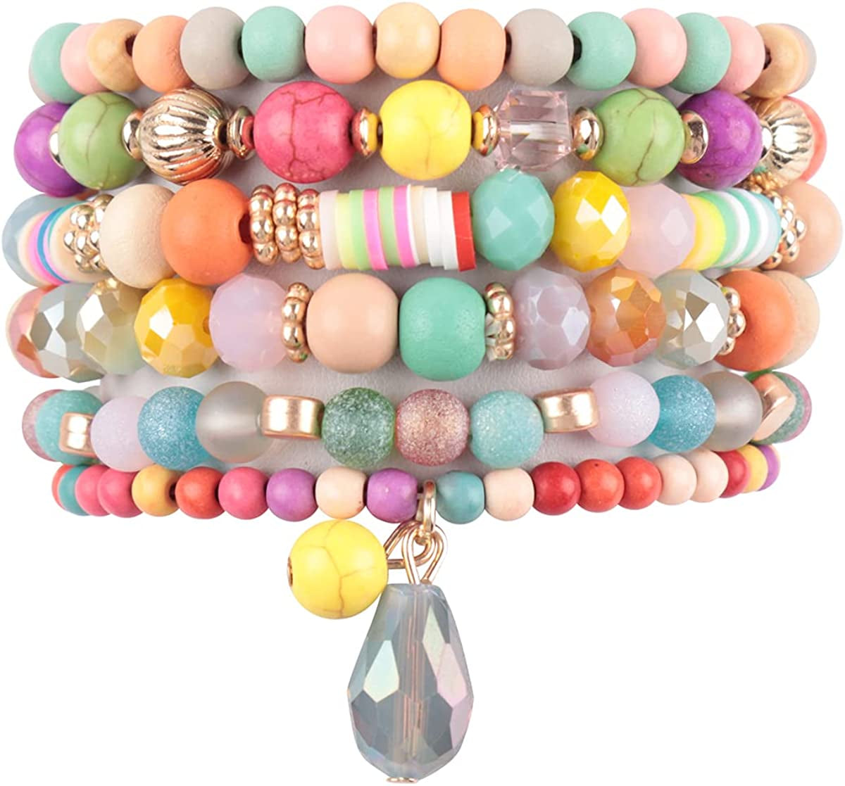 Bohemian Mix Bead Multi Layer Versatile Statement Bracelets - Stackable Beaded Strand Stretch Bangles Sparkly Crystal, Tassel Charm Apparel & Accessories > Jewelry > Bracelets RIAH FASHION Mix Bead Wood Charm Stretch Bracelet Set - Multi