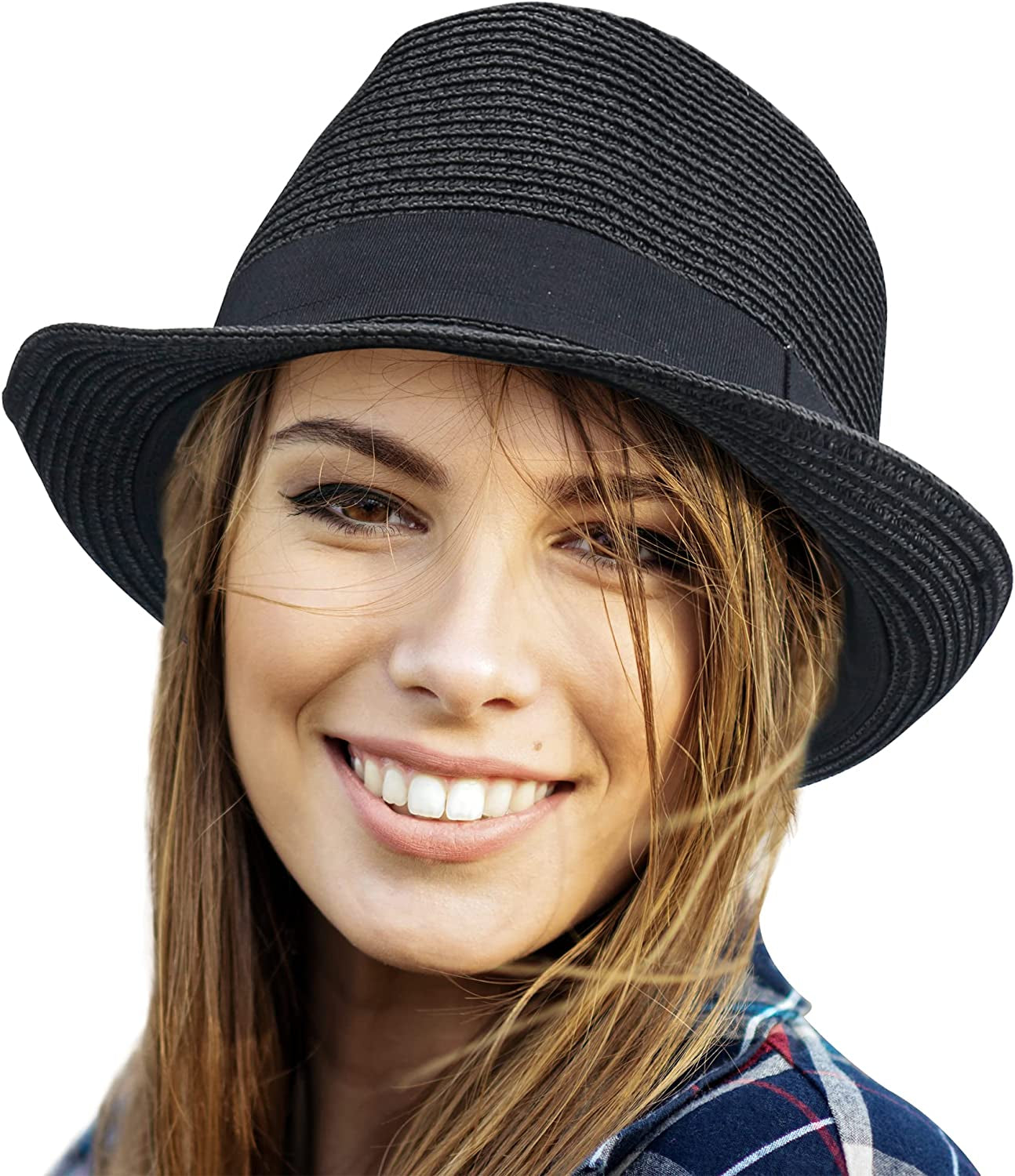 Panama Hat Straw Fedora Sun Hats Vintage Braid for Women & Men Beach Hat Summer Hat UV UPF 50 Apparel & Accessories > Clothing Accessories > Hats Naivlizer Black