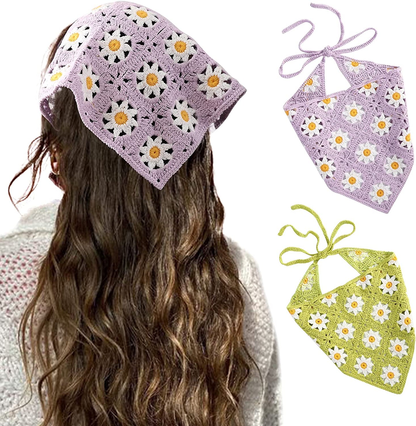 Floral Crochet Hair Bandanas Headscarf- HAIMEIKANG 2 PCS Women Hair Scarf Daisy Headband Vintage Head Kerchief for Girls Apparel & Accessories > Clothing Accessories > Bandanas & Headties HAIMEIKANG Green+purple