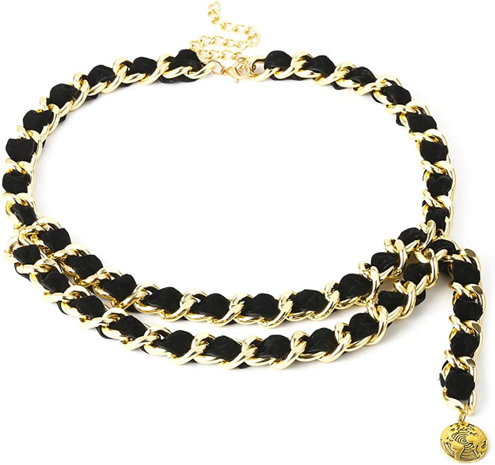 Jurxy Alloy Waist Chain Body Chain Weave Rope Winding Twist Chain for Women Waist Belt Pendant Belly Chain Adjustable Body Harness for Jeans Dresses - S Size – Black and Gold Apparel & Accessories > Jewelry > Body Jewelry Jurxy