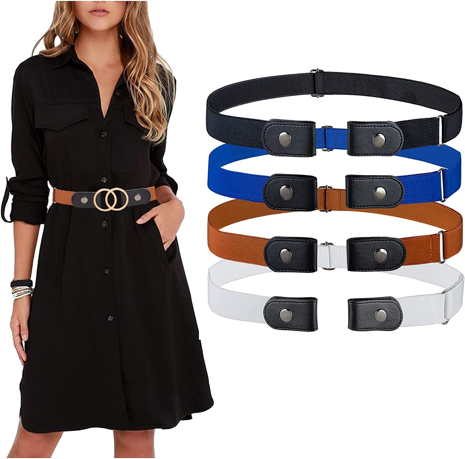 MSTOKIN No Buckle Stretch Belt Invisible Elastic Buckleless Belts for Jeans Double O Ring Belt for Waist Dress Pack of 4,2 Apparel & Accessories > Clothing Accessories > Belts MSTOKIN Black /Coffee /Blue /White