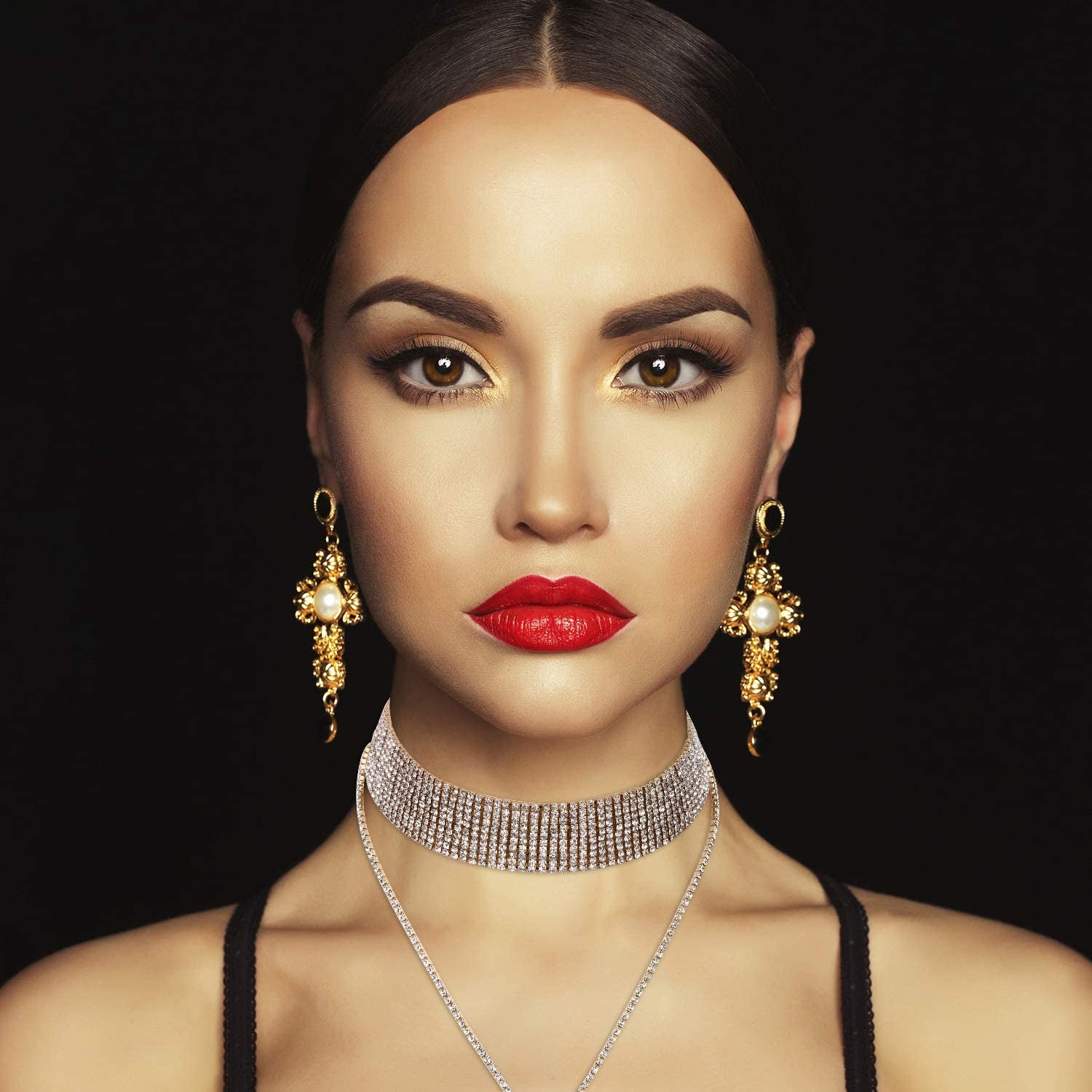 Meekoo 2 Pieces Rhinestone Tassel Choker Necklace Multi-Layer Wide Collar Necklaces Tassel Chain Necklaces for Women Girls Favor Apparel & Accessories > Jewelry > Necklaces meekoo