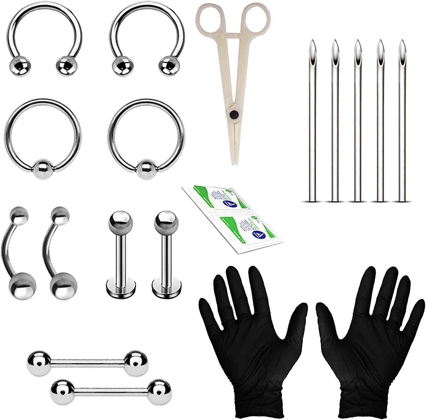 Bodyj4You 20PC Pro Piercing Kit BCR CBR Belly Labret Tragus Nipple Nose Lip 14G Steel Jewelry Apparel & Accessories > Jewelry > Body Jewelry BodyJ4You Silvertone