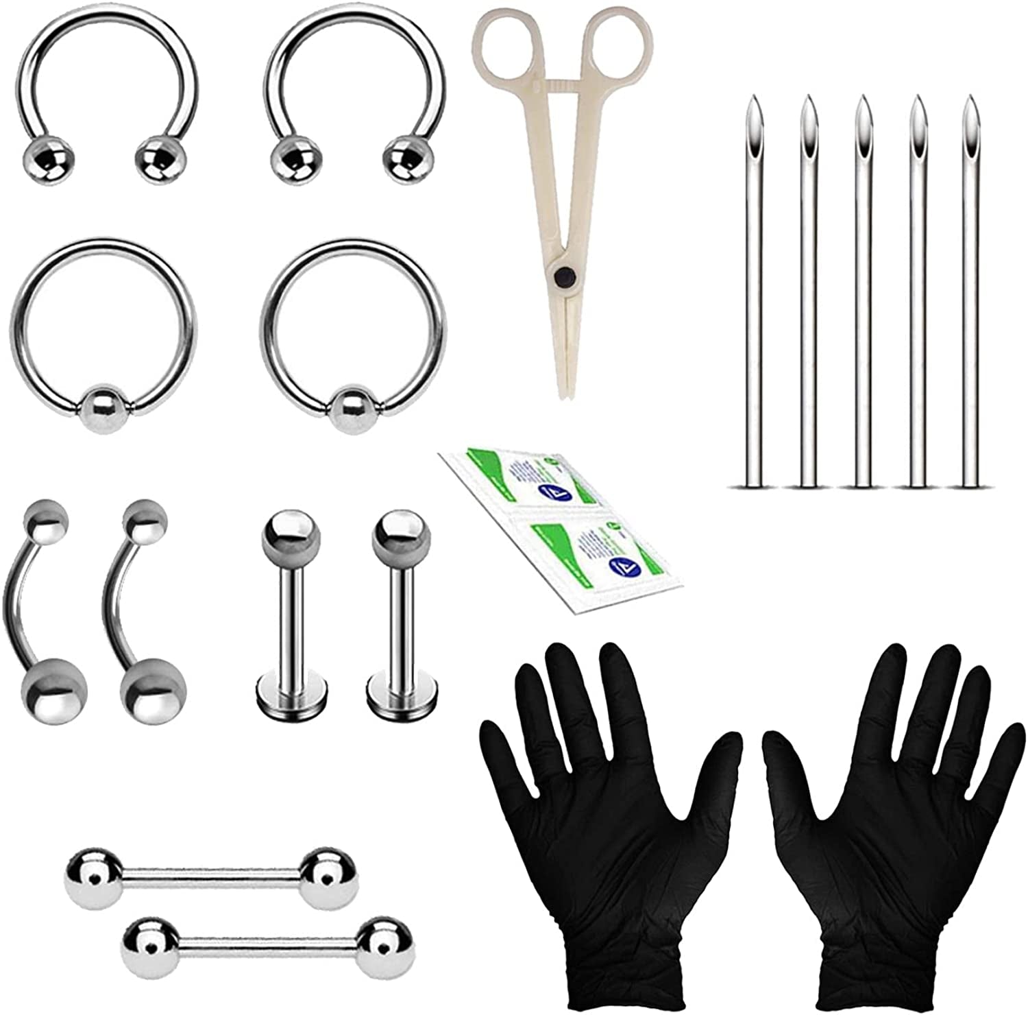 Bodyj4You 20PC Pro Piercing Kit BCR CBR Belly Labret Tragus Nipple Nose Lip 14G Steel Jewelry Apparel & Accessories > Jewelry > Body Jewelry BodyJ4You Silvertone