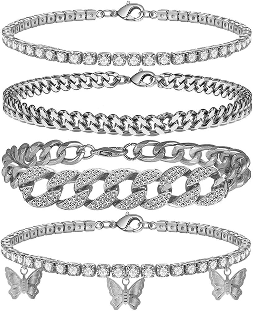 Ronglry 5Pcs Gold Ankle Bracelets for Women Girls Cuban Link Ankle Bracelet Cuban Chain Anklet Butterfly Anklet Set Rhinestone Tennis Anklet Adjustable Layered Link Anklets Summer Beach Gifts Apparel & Accessories > Jewelry > Anklets Ronglry 4pcs-silver