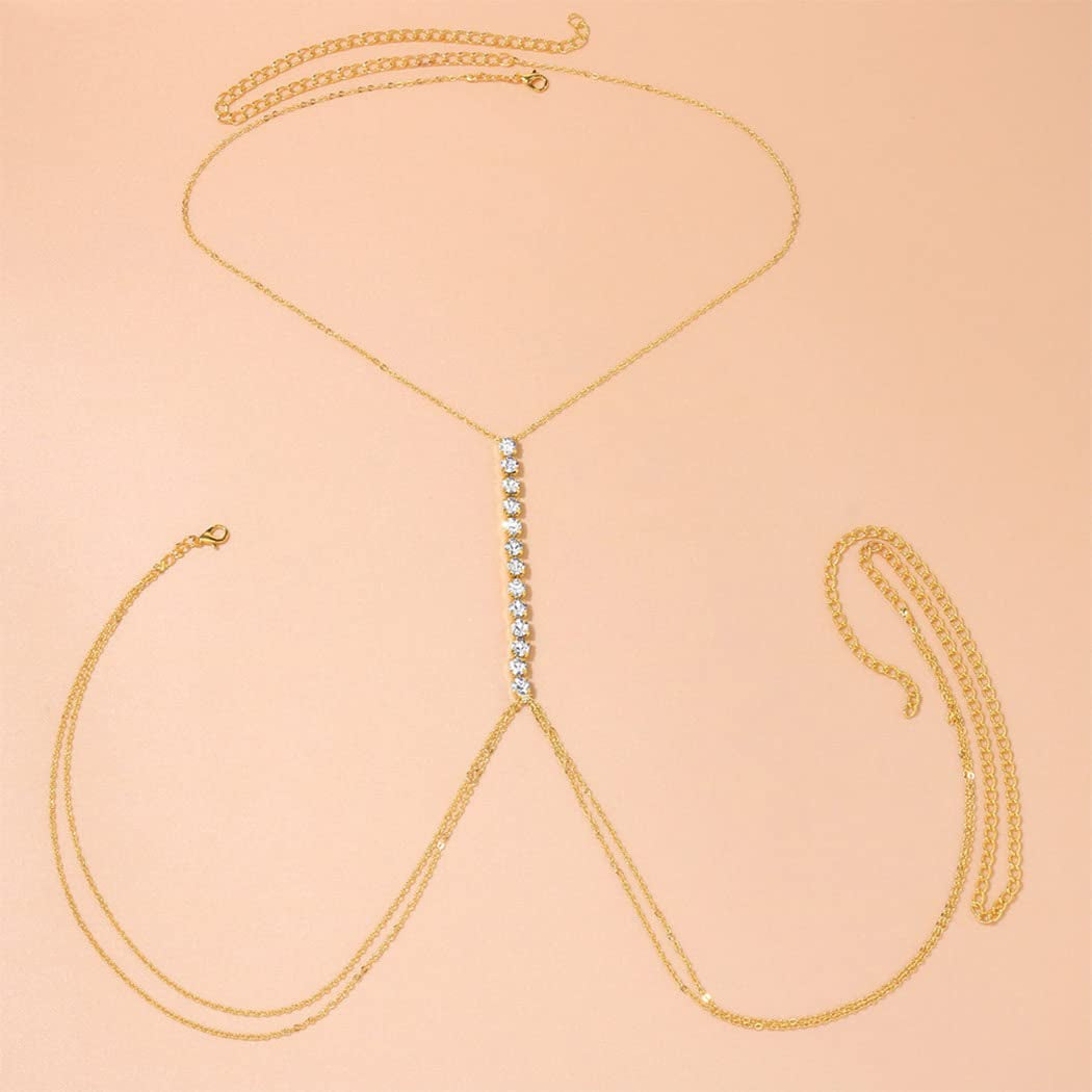 Bodiy Crystal Body Chains Bra Gold Rhinestones Chest Chain Bikini Rave Party Club Body Jewelry Sparkly Accessories for Women and Girls (Gold-3) Apparel & Accessories > Jewelry > Body Jewelry BODIY