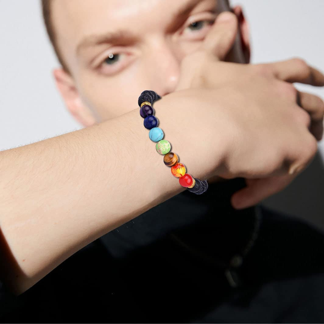 Svovin 1-14 Pcs Lava Rock 7 Chakra Energy Oil Diffuser Bracelet Set for Women Men Unisex Elastic 8Mm Stone Yoga Beaded Bracelets Jewelry with Lucky Healing Apparel & Accessories > Jewelry > Bracelets Svovin