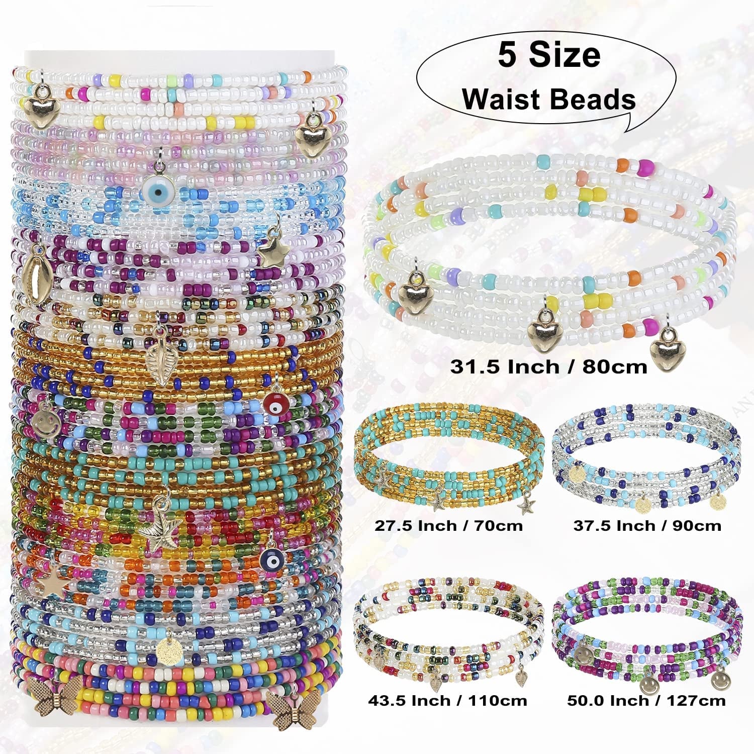 Taouzi 27.5-50Inch Waist Beads for Women plus Size Colorful Beaded Body Chain Elastic String Waist Chain Beach Bikini Belly Chains Sexy Body Jewelry for Women Girls 12Pcs Apparel & Accessories > Jewelry > Body Jewelry Taouzi