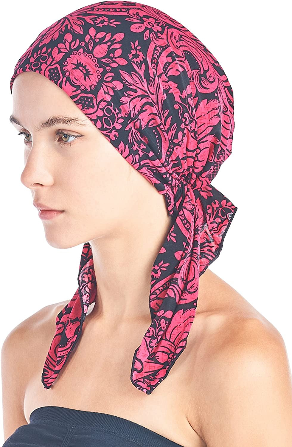 Ashford & Brooks Pre Tied Bandana Turban Chemo Head Scarf Sleep Hair Cover Hat Apparel & Accessories > Clothing Accessories > Bandanas & Headties Ashford & Brooks Fuchsia/Black One Size
