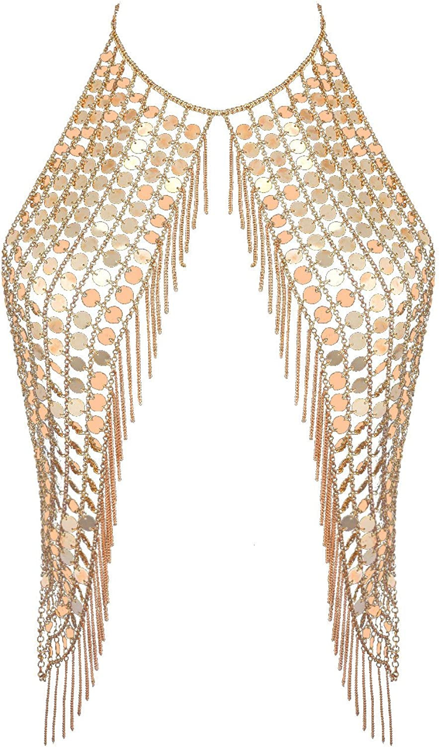 Ingemark Harness Waist Bikini Chain Shirt Bra Body Chain Outfits Bralette for Women Gold Silver Sequin Halter Backless Tank Top Bra Apparel & Accessories > Jewelry > Body Jewelry ZLZL Golden Metal Sequin