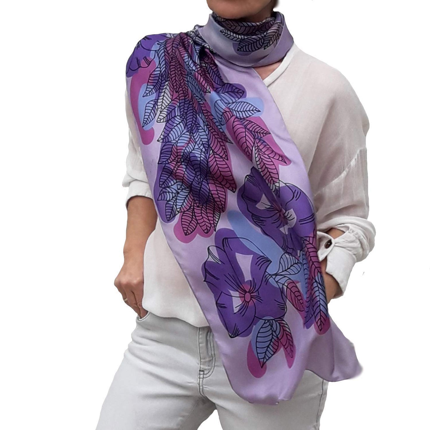 Artistic Hand Painted Long Silk Scarf for Women Fashion Boho Wrap Floral Patterns Trendy Purple Pink Neck Scarfs Unique Designer Shawl Womens Birthday Gift Mother Day Gift Handmade Gifts for Her Apparel & Accessories > Clothing Accessories > Scarves & Shawls Generic