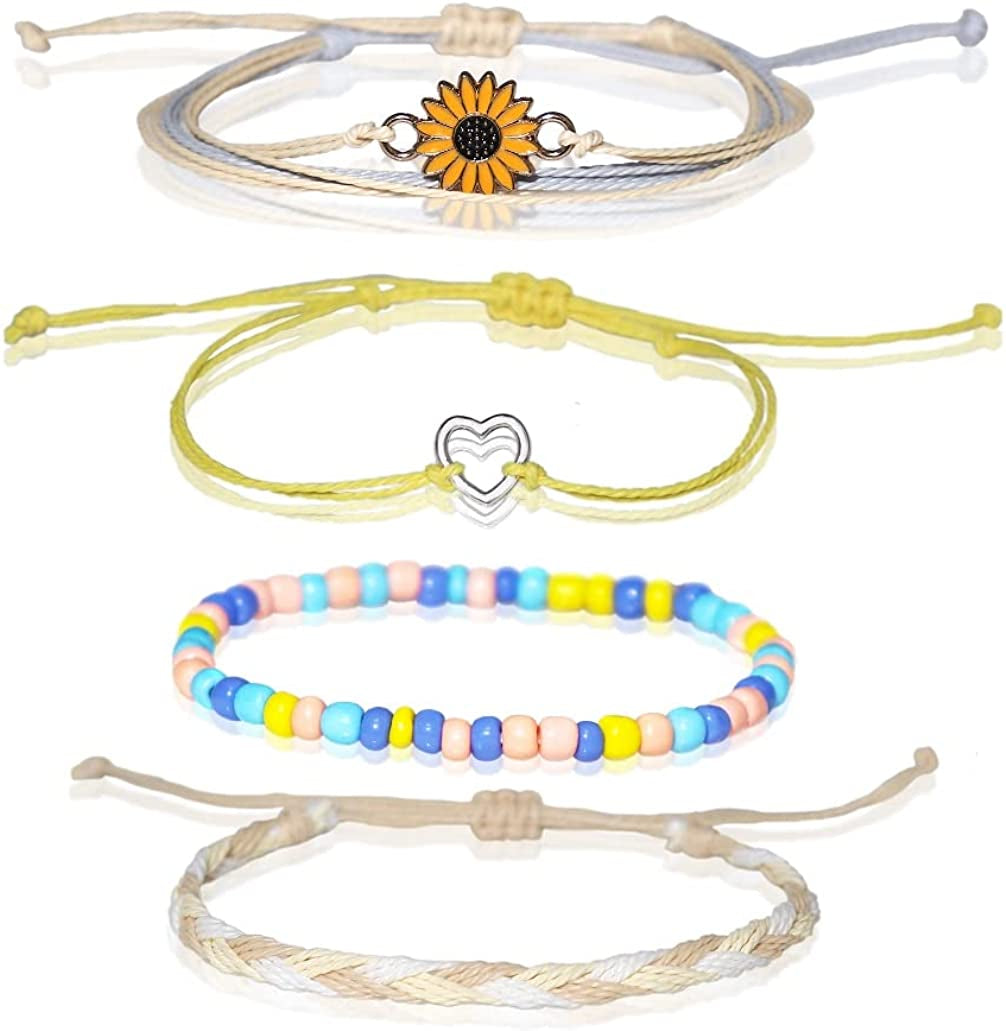 Caiyao 4 Pcs Summer Surfer Wave Anklet Bracelets Adjustable Strand Braided String Rope Bracelets Waterproof Handmade Sunflower Bracelets Anklets Jewelry for Women Teen Girls Apparel & Accessories > Jewelry > Anklets InShine bead yellow