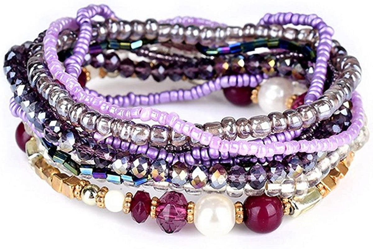 Mengpa Stackable Beaded Bracelets for Women Girls Bohemian Layering Strand Statement Jewelry Apparel & Accessories > Jewelry > Bracelets MengPa Purple
