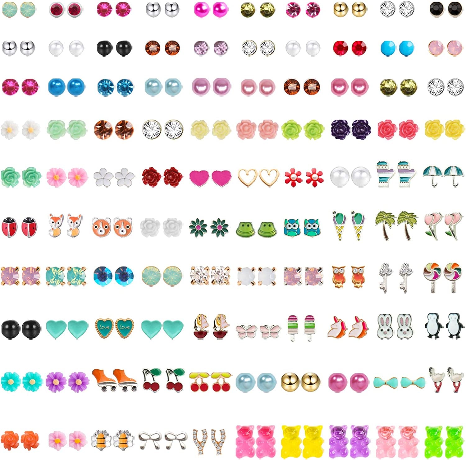 NEWITIN 100 Pairs Colorful Cute Stud Earrings for Girls Hypoallergenic Earrings Stainless Steel Earrings for Women Apparel & Accessories > Jewelry > Earrings NEWITIN Stylish Girl