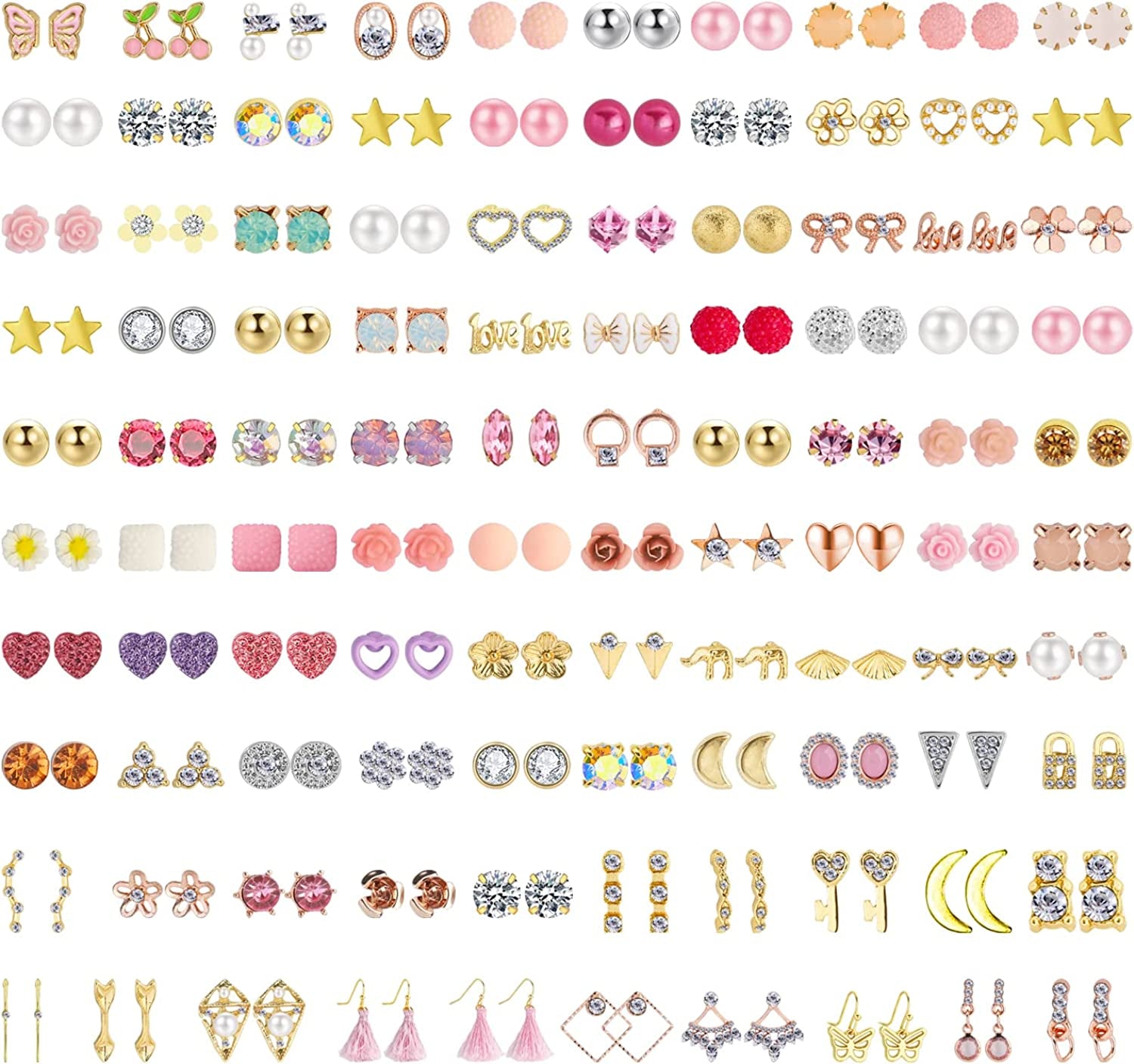 NEWITIN 100 Pairs Colorful Cute Stud Earrings for Girls Hypoallergenic Earrings Stainless Steel Earrings for Women Apparel & Accessories > Jewelry > Earrings NEWITIN Noble Girl