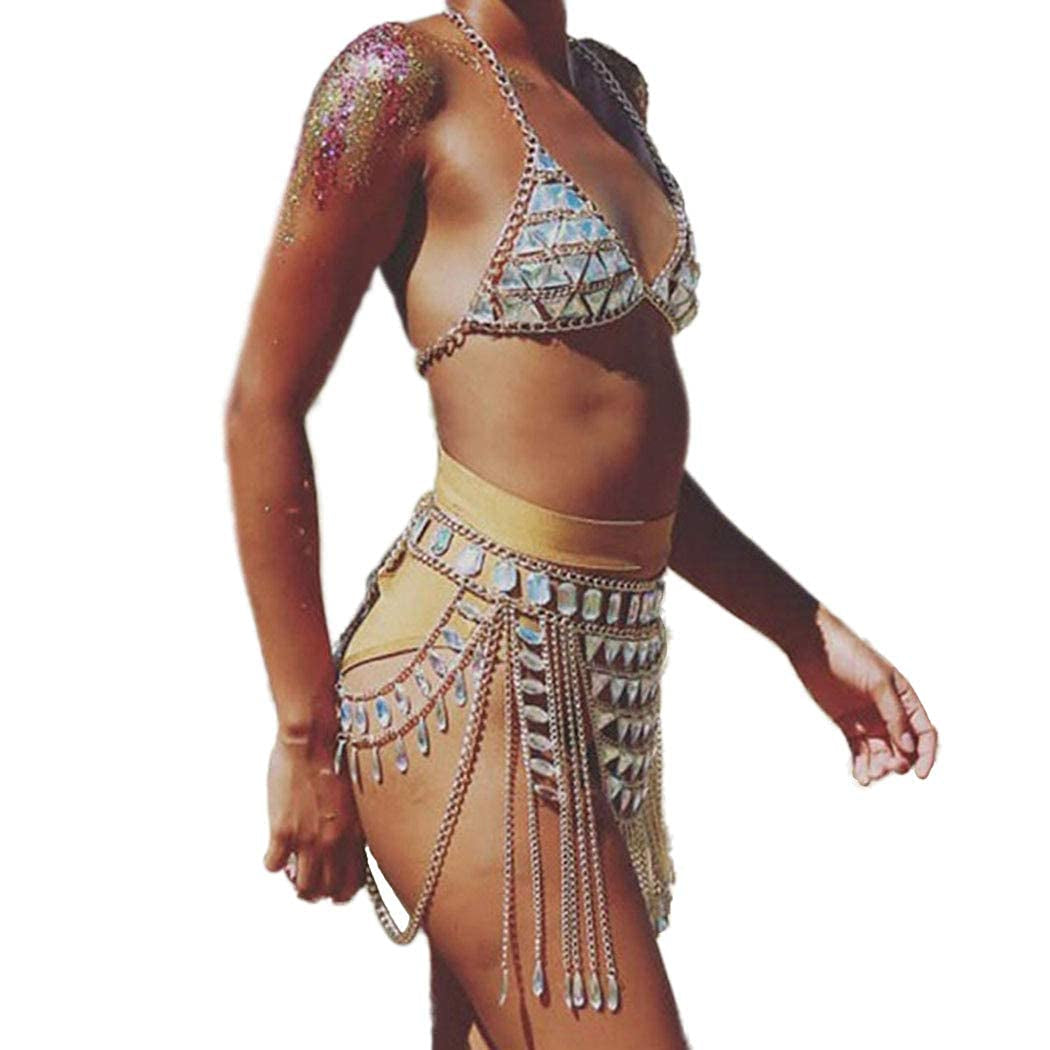 Canb Rhinestone Body Chain Suit Boho Body Waist Belly Chain Skirt Crystal Body Chain Bra Top Festival Jewelry for Women and Girls (VI) Apparel & Accessories > Jewelry > Body Jewelry CanB VI