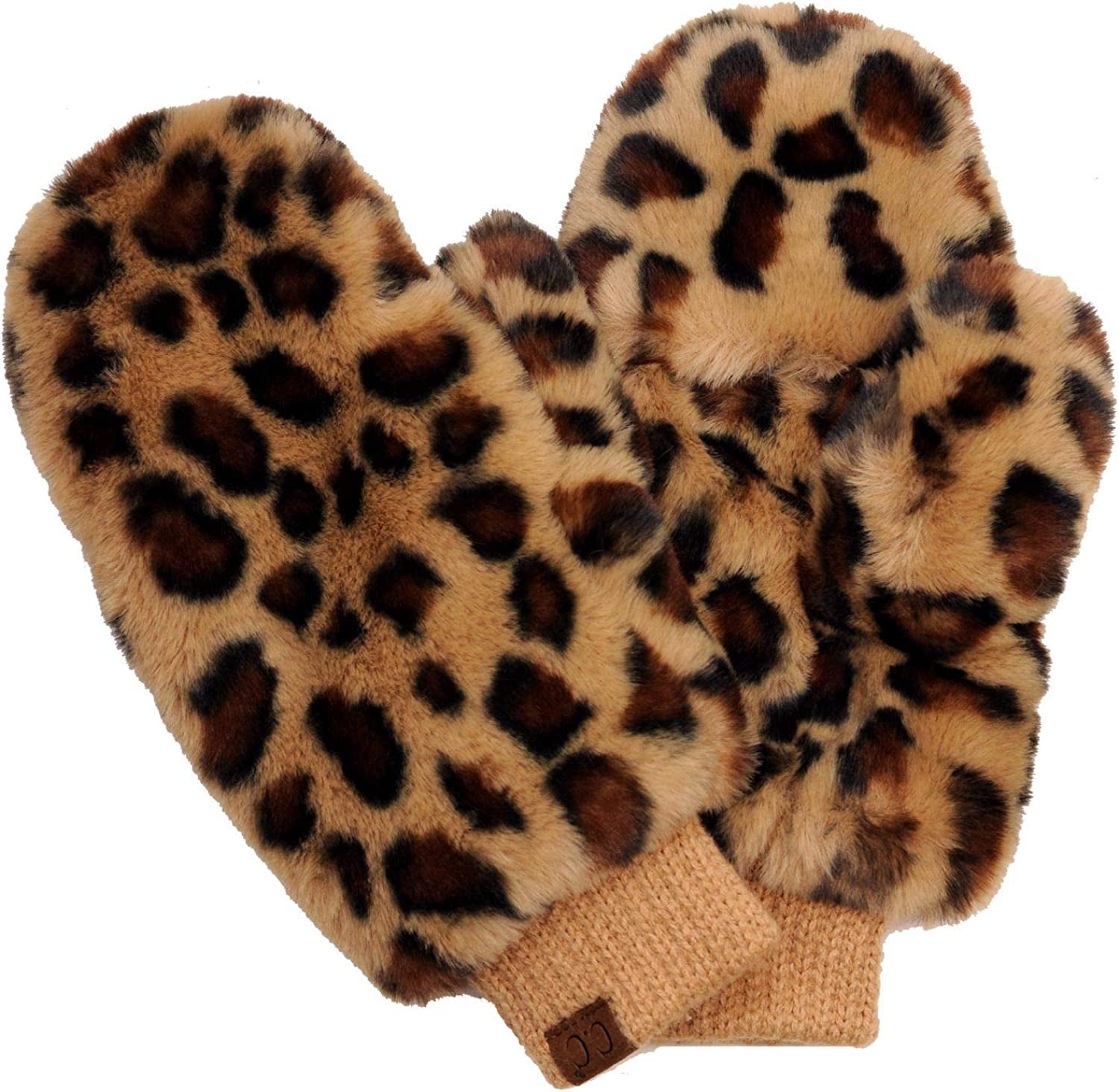 C.C Women'S Faux Fur Wrist Length Fingerless Sherpa Lined Convertible Mittens Gloves Apparel & Accessories > Clothing Accessories > Gloves & Mittens C.C Leopard Print, Latte