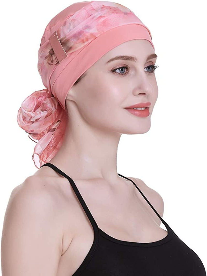 Elegant Chemo Cap with Silky Scarfs for Cancer Women Hair Loss Sleep Beanie Apparel & Accessories > Clothing Accessories > Headwear FocusCare Coral
