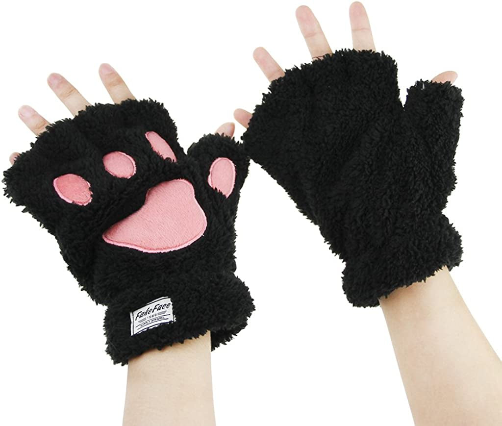 Fakeface Cute Cat Kitten Paw Fingerless Faux Fur Plush Gloves for Girls Women Apparel & Accessories > Clothing Accessories > Gloves & Mittens FakeFace