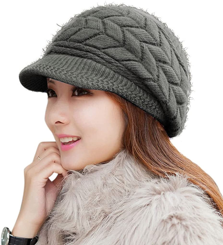 HINDAWI Women Winter Warm Knit Hat Wool Snow Ski Caps with Visor Apparel & Accessories > Clothing Accessories > Hats HINDAWI Dark Grey