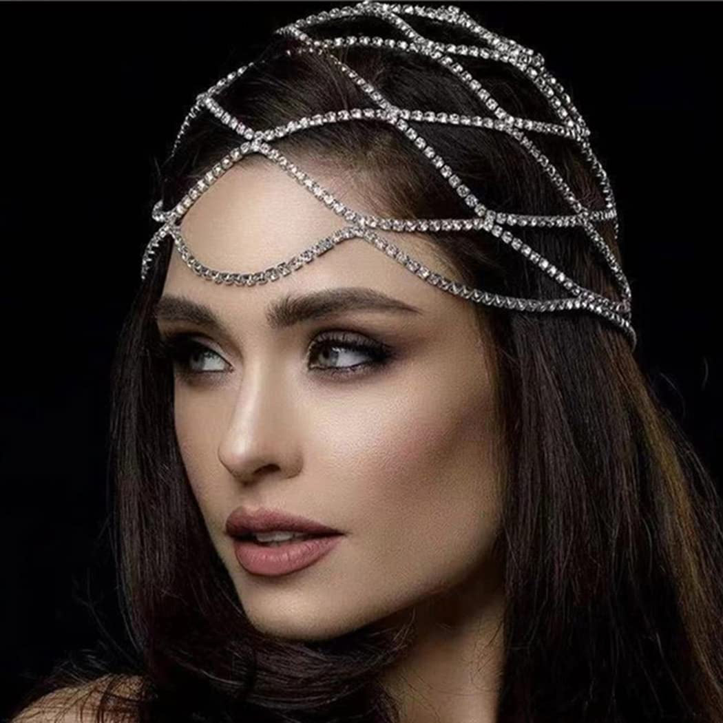 Fdesigner Crytsal Head Chain Silver Cap Headpieces Party Rhinestone Flapper Hairpieces Jewelry Gatsby Belly Dance Cleopatra Hair Accessories for Women Apparel & Accessories > Jewelry > Body Jewelry Fdesigner