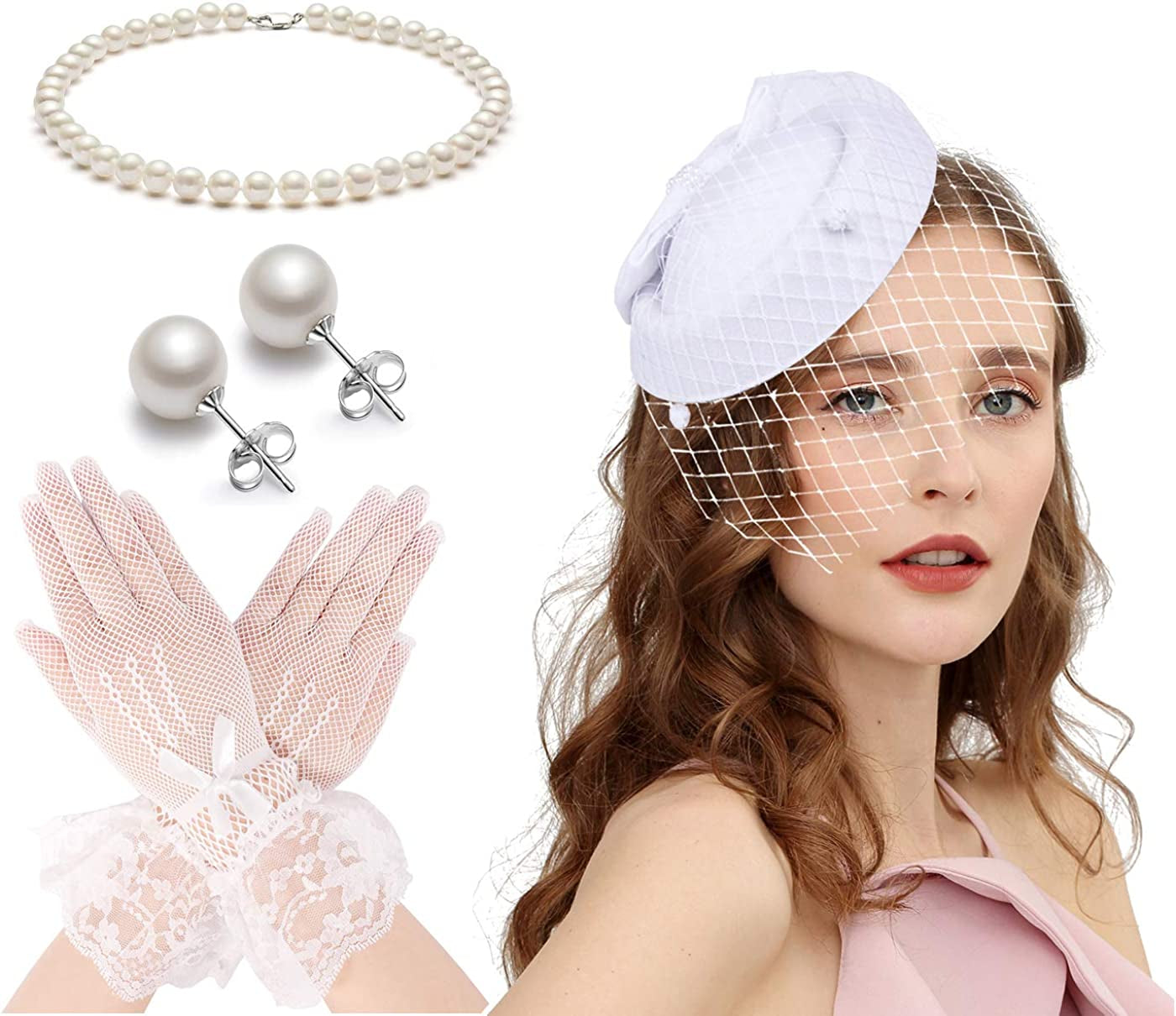 Fascinators Hats 20S 50S Hat Pillbox Hat Cocktail Tea Party Headwear with Veil for Girls and Women Apparel & Accessories > Clothing Accessories > Headwear Cizoe C-white Set