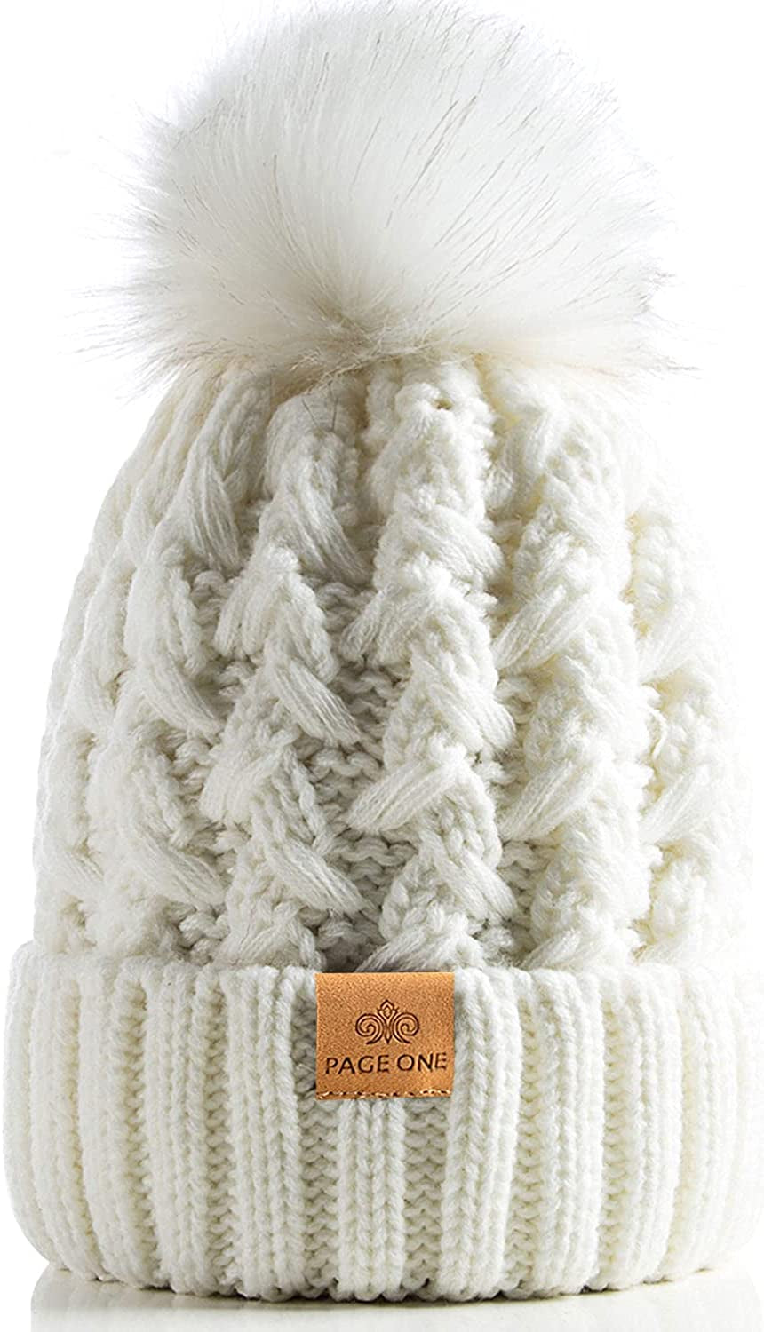PAGE ONE Womens Winter Ribbed Beanie Crossed Cap Chunky Cable Knit Pompom Soft Warm Hat Apparel & Accessories > Clothing Accessories > Hats PAGE ONE White