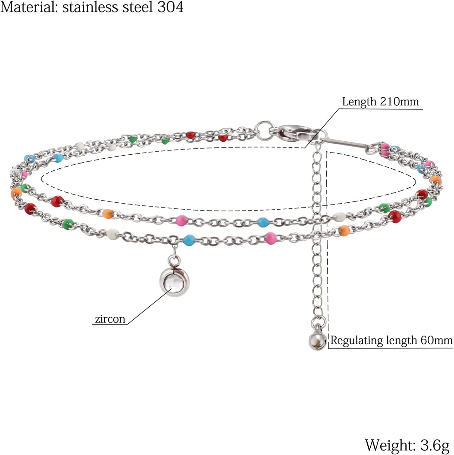 Nobrand Crystal Stainless Steel Anklet Color Beaded Dainty Hanging Bells Cute Charm Adjustable Beach Double Layer Foot Chain for Women Teen Girls, 8.26 Inch+2.36 Inches Apparel & Accessories > Jewelry > Anklets nobrand