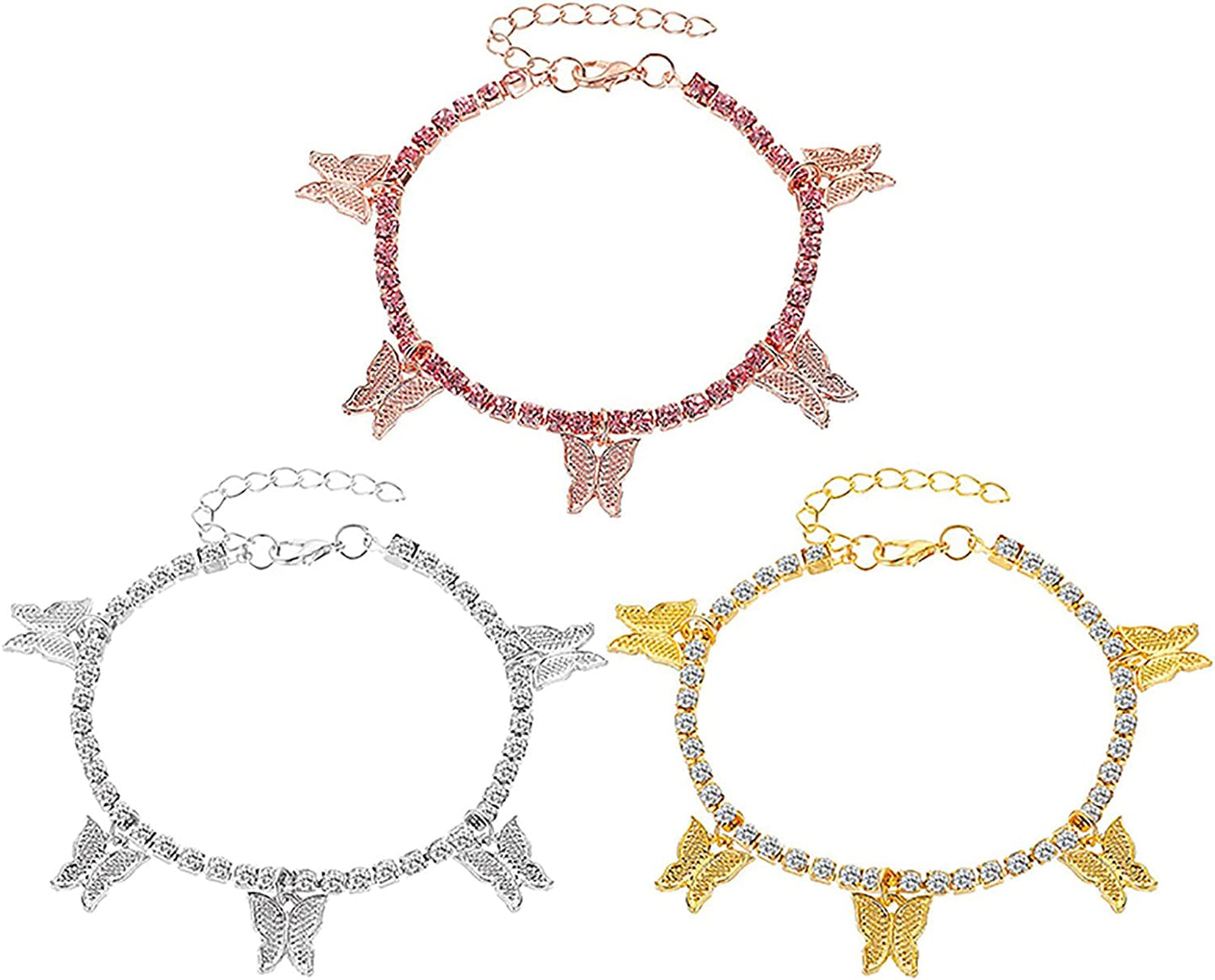 Dainty Zircon Tennis Anklet Bracelets Cute Butterfly Charm Anklets Adjustable Stackable Boho Anklet for Teen Girls Mom Beach Jewelry Birthday (Gold, One Size) Apparel & Accessories > Jewelry > Anklets Generic