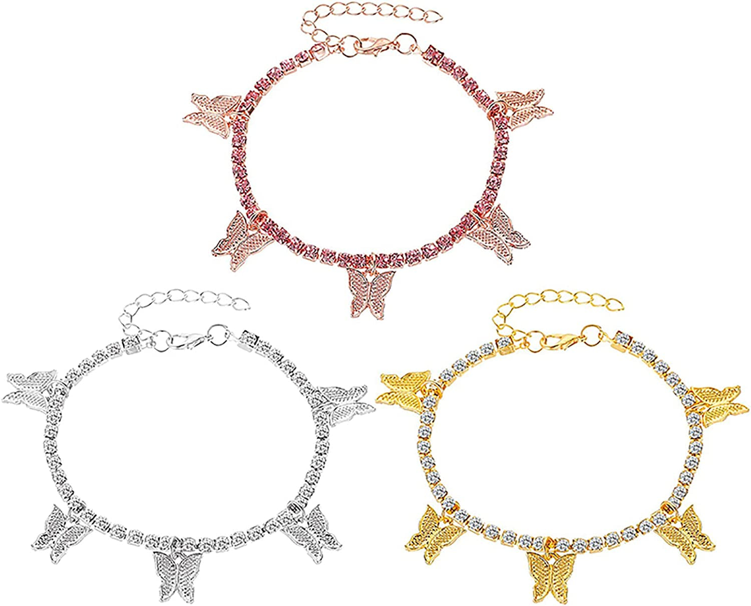 Dainty Zircon Tennis Anklet Bracelets Cute Butterfly Charm Anklets Adjustable Stackable Boho Anklet for Teen Girls Mom Beach Jewelry Birthday (Gold, One Size) Apparel & Accessories > Jewelry > Anklets Generic
