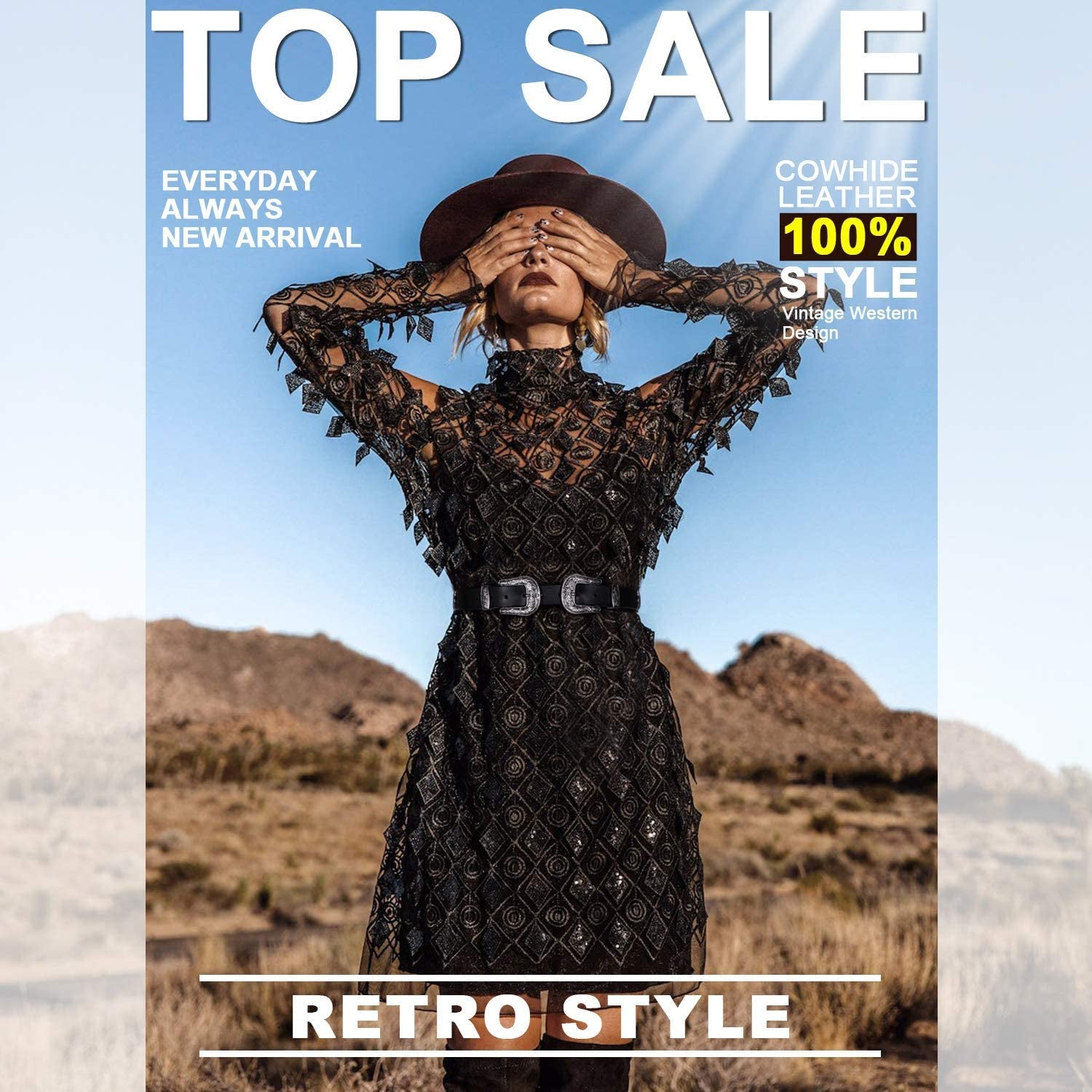 Women Leather Belts Ladies Vintage Western Design Black Waist Belt for Pants Dresses Apparel & Accessories > Clothing Accessories > Belts KYLIE MAX