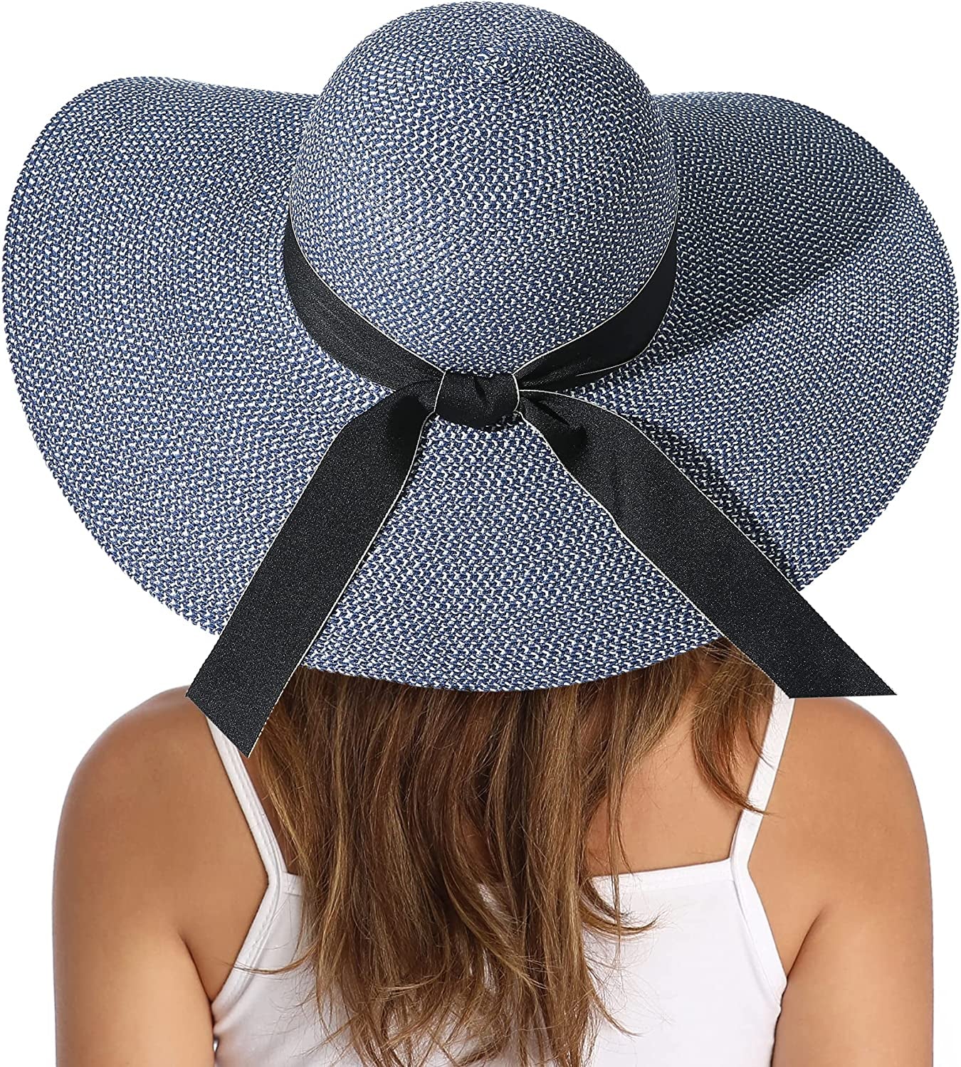 Lanzom Womens Wide Brim Straw Hat Big Floppy Foldable Roll up Cap Beach Sun Hat UPF 50+ Apparel & Accessories > Clothing Accessories > Hats Lanzom Bowknot-blue One Size