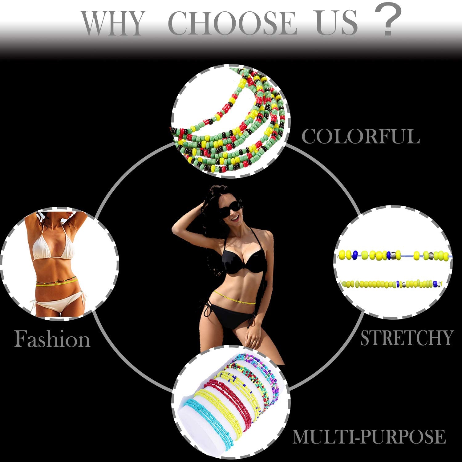 Tuoshei 8 Piece Summer Jewelry Waist Bead Set, Colorful Waist Bead, Belly Bead, African Waist Bead, Body Chain, Beaded Belly Chains, Bikini Jewelry for Woman (Style 1) Apparel & Accessories > Jewelry > Body Jewelry Tuoshei