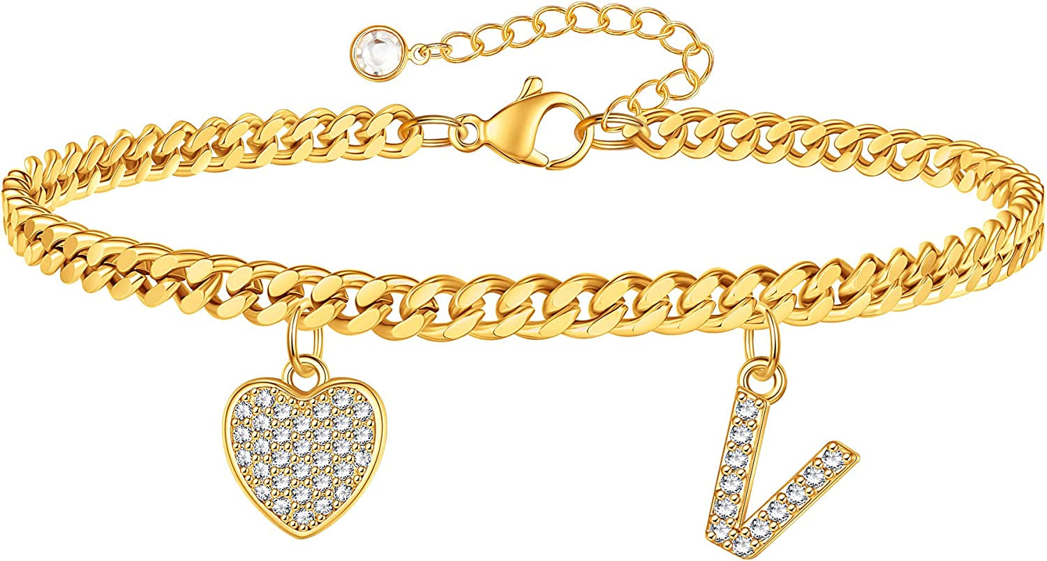 Gold Heart Ankle Bracelets for Women 14K Gold Plated Initial Charm Gold Anklets for Women Cuban Link Chain Heart Anklet Bracelets for Women Apparel & Accessories > Jewelry > Anklets BRIJEWLIC V