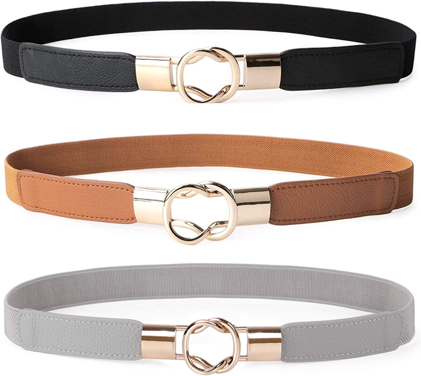 JASGOOD 2 Pack 3 Pack Women Retro Elastic Stretchy Metal Buckle Skinny Waist Belt 1 Inch Wide Apparel & Accessories > Clothing Accessories > Belts KYLIE MAX E-black+grey+brown FIts Waist 25"-27"