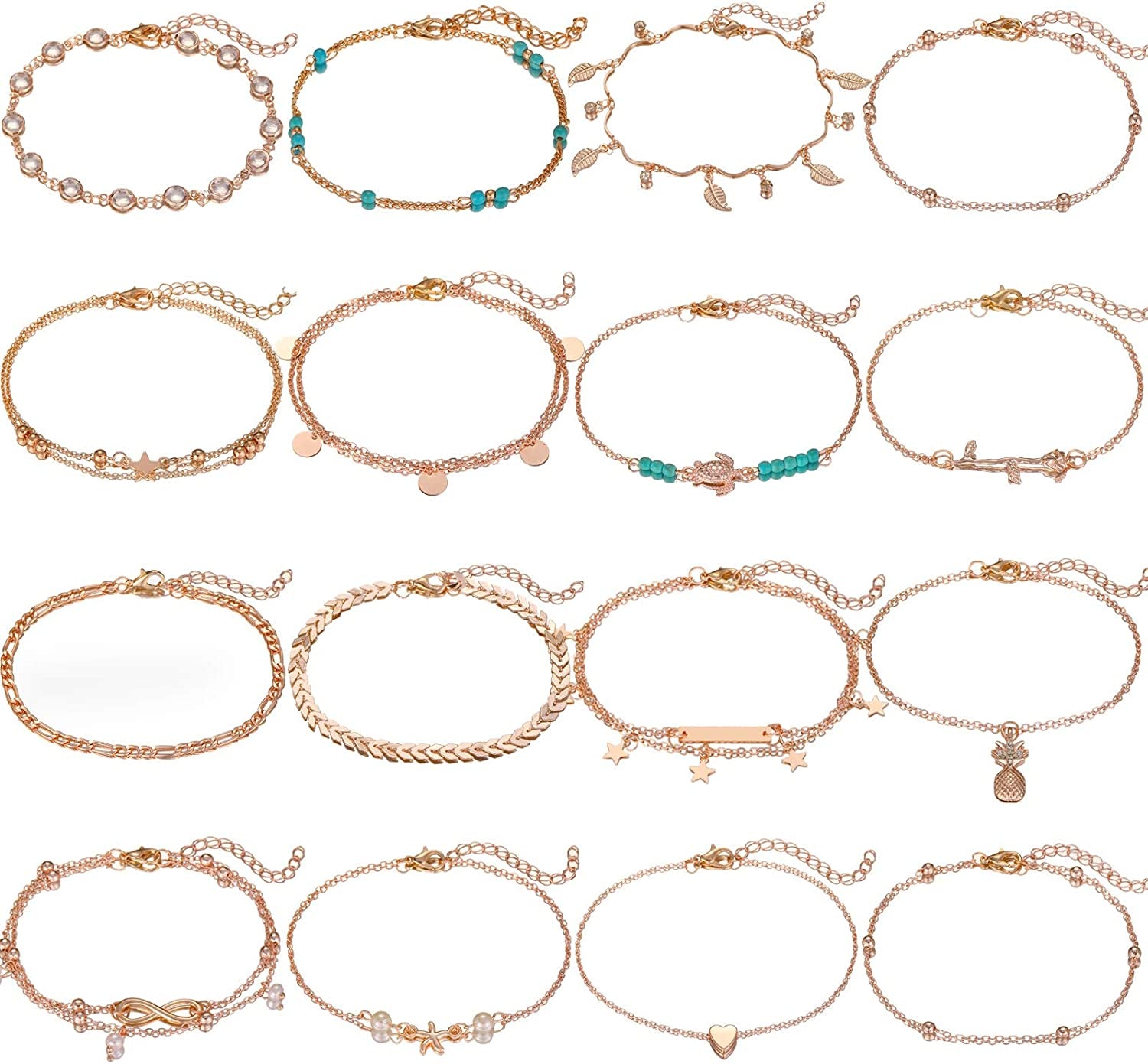 Starain 12Pcs Women'S Charm Anklet Set Gold Multilayer Adjustable Ankle Bracelets Boho Beach Foot Anklet for Women Girls Apparel & Accessories > Jewelry > Anklets Starain 16Pcs Rose Ankle Bracelet