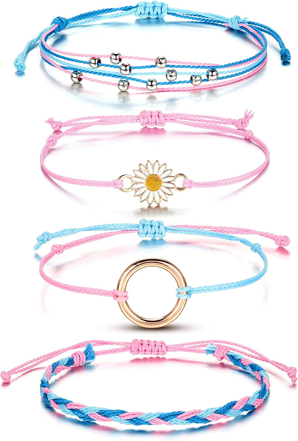 Top Plaza 4 Pcs Summer Surfer Wave Anklet Bracelets for Women Adjustable Strand Braided String Rope Bracelets Sunflower Friendship Bracelets Ocean Beach Jewelry for Women Teen Girls Apparel & Accessories > Jewelry > Anklets Top Plaza Pink Blue -4 Pcs