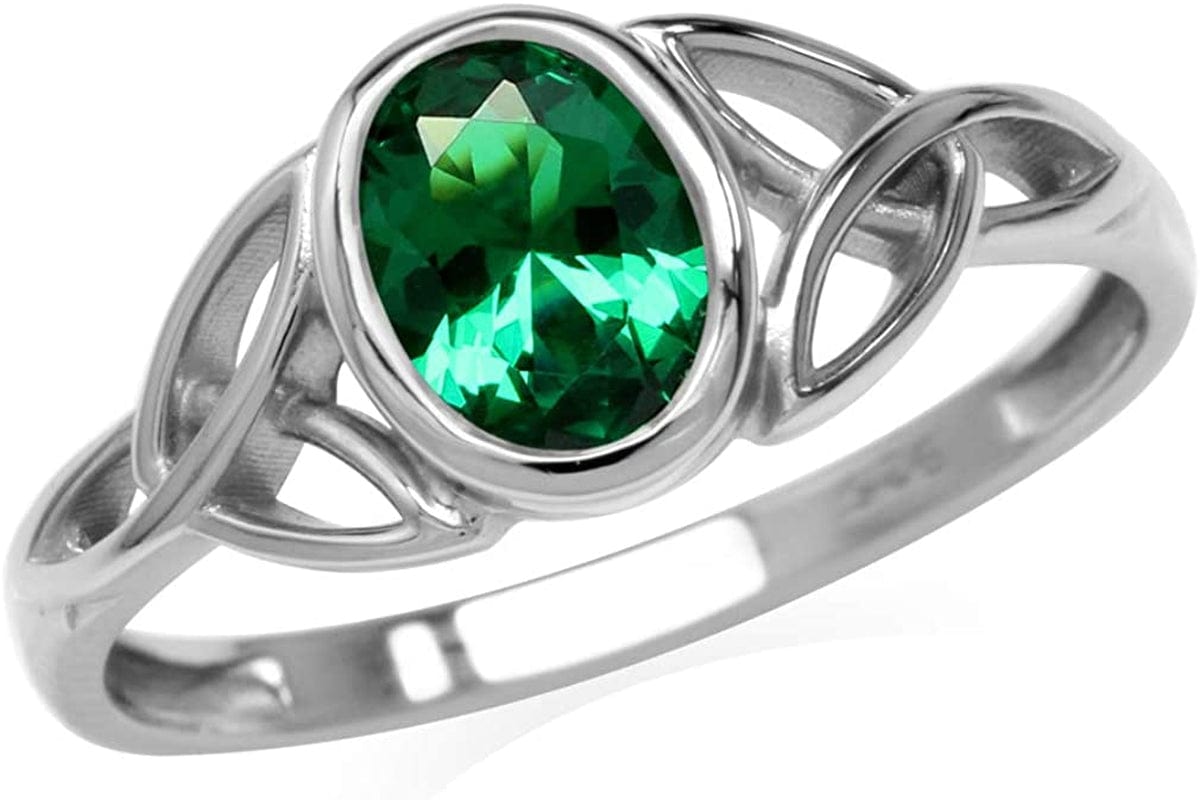7X5Mm Oval Shape Birthstone Gemstone 925 Sterling Silver Triquetra Celtic Trinity Knot Ring 7.5 / nano green emerald - may birthstone
