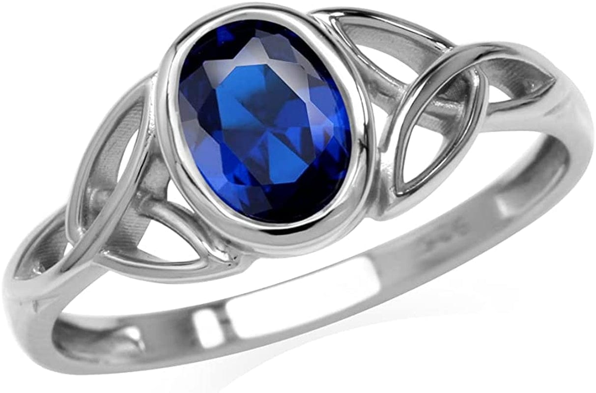 7X5Mm Oval Shape Birthstone Gemstone 925 Sterling Silver Triquetra Celtic Trinity Knot Ring 5.5 / created blue sapphire - september birthstone