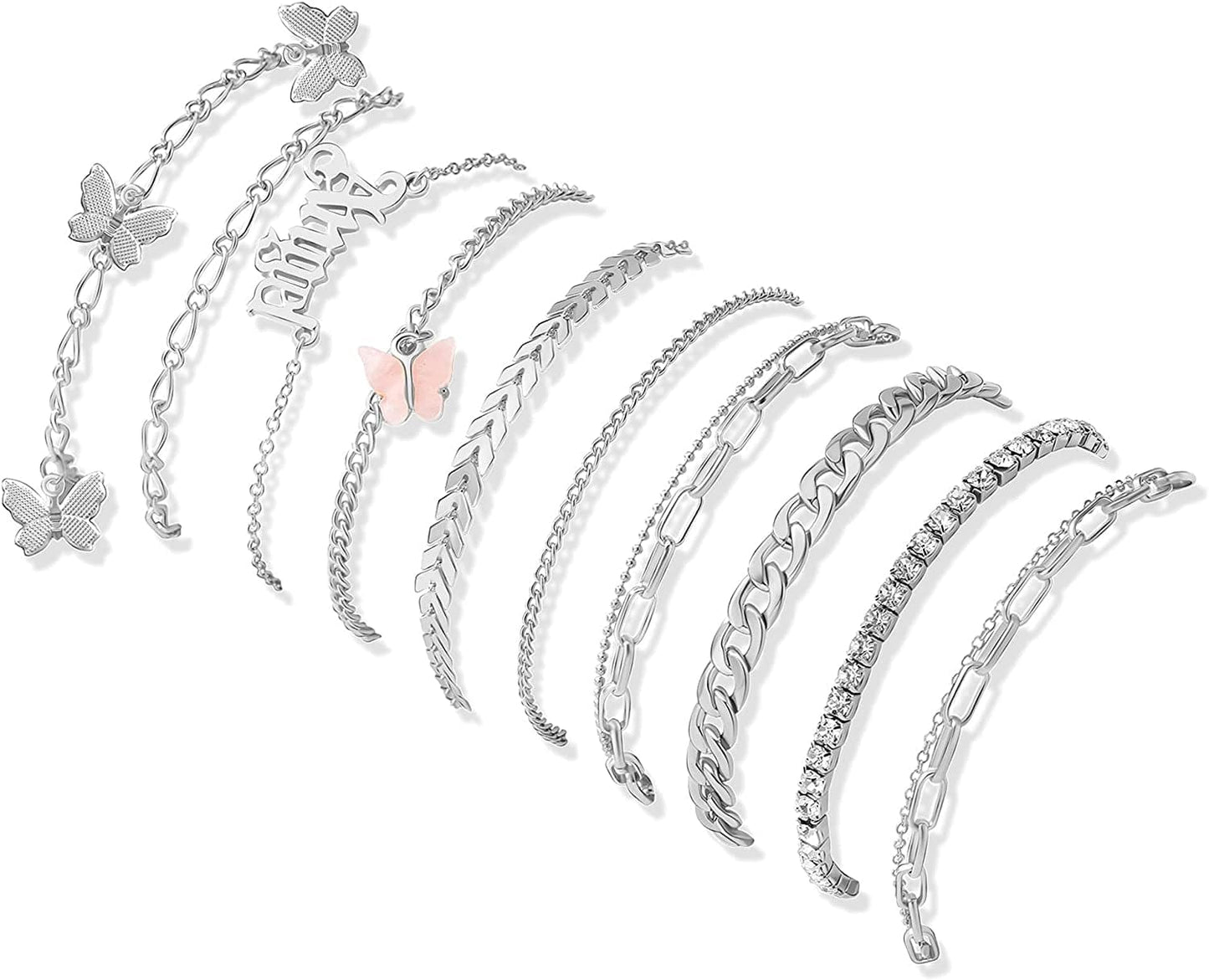 8-10Pcs Ankle-Bracelet for Women Gold Anklets Set Butterfly Anklets Boho Layered Beach Anklets Foot Chains Adjustable Apparel & Accessories > Jewelry > Anklets MOROTOLE Silver