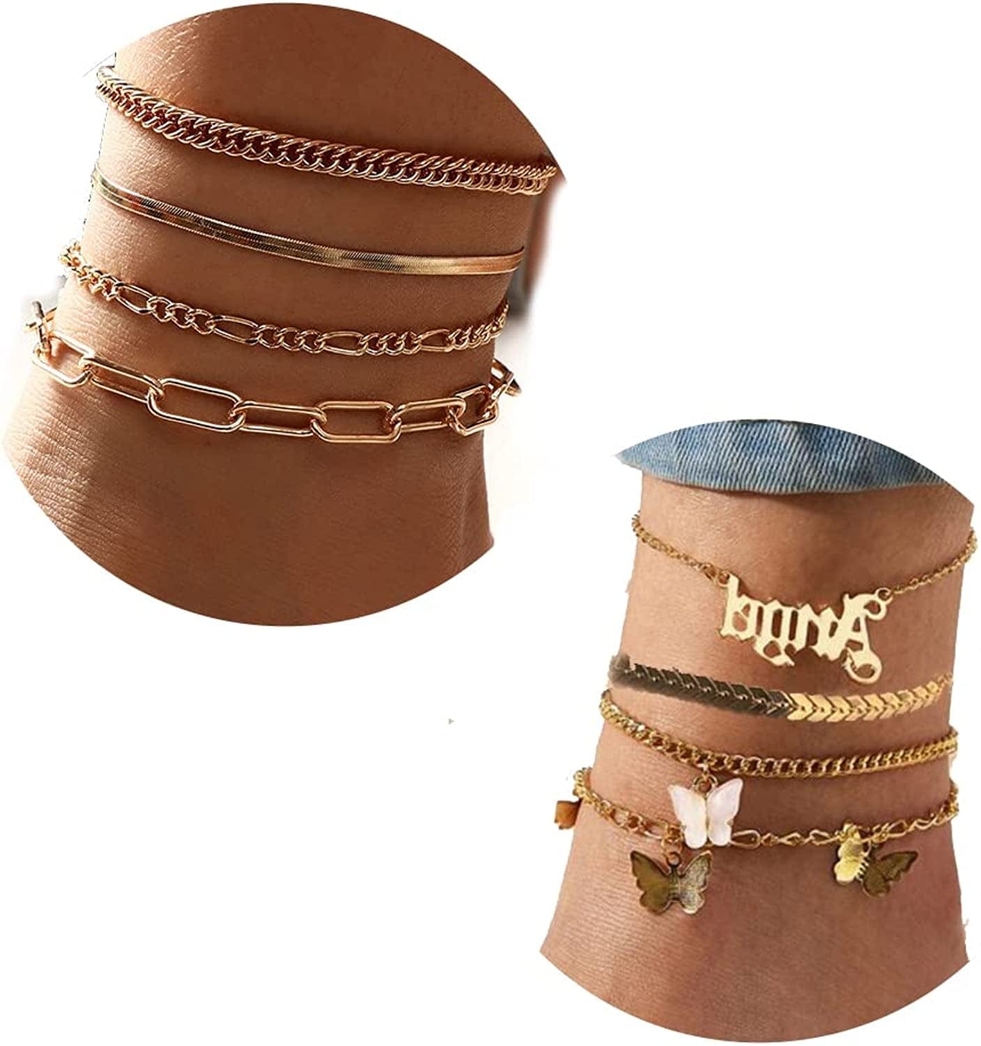 8-10Pcs Ankle-Bracelet for Women Gold Anklets Set Butterfly Anklets Boho Layered Beach Anklets Foot Chains Adjustable Apparel & Accessories > Jewelry > Anklets MOROTOLE 8pcs,butterfly snake chain