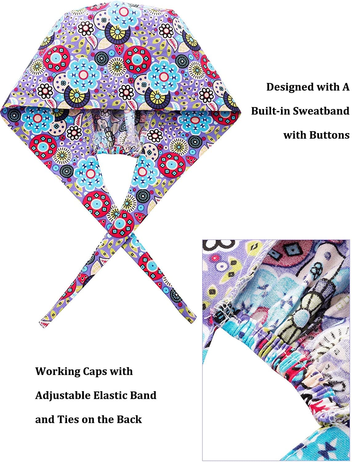 8 Packs Gourd-Shaped Working Cap with Buttons Sweatband Adjustable Hats Tie Back Hats Headwear Printed for Women Men, Multicoloured, Medium Apparel & Accessories > Clothing Accessories > Headwear SATINIOR