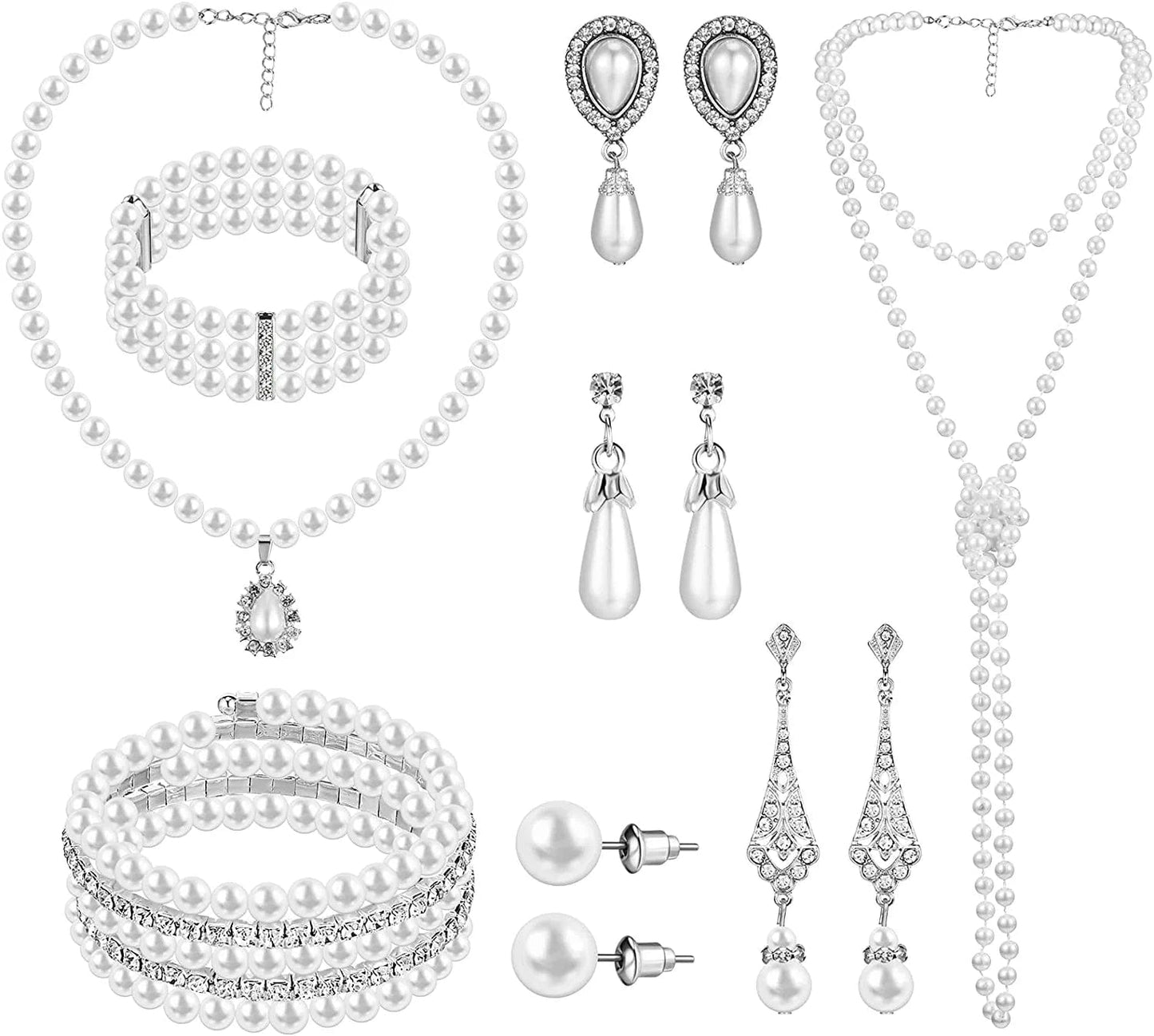 8 Pcs Pearl Necklace Pearl Earrings Pearl Bracelet Set 1920S Simulated Pearls Accessories Wedding Pearl Jewelry Set Christmas Gift for Women Mom Wife Elegant Style
