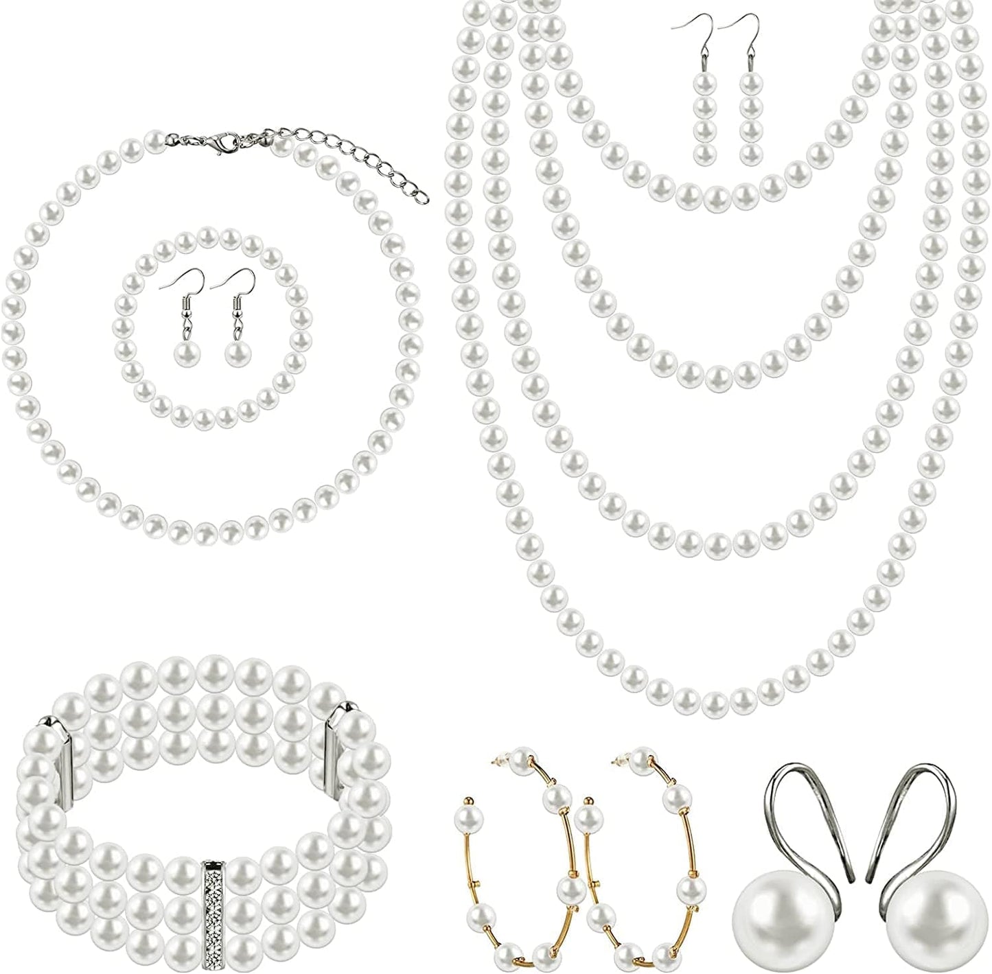 8 Pcs Pearl Necklace Pearl Earrings Pearl Bracelet Set 1920S Simulated Pearls Accessories Wedding Pearl Jewelry Set Christmas Gift for Women Mom Wife Stylish Style