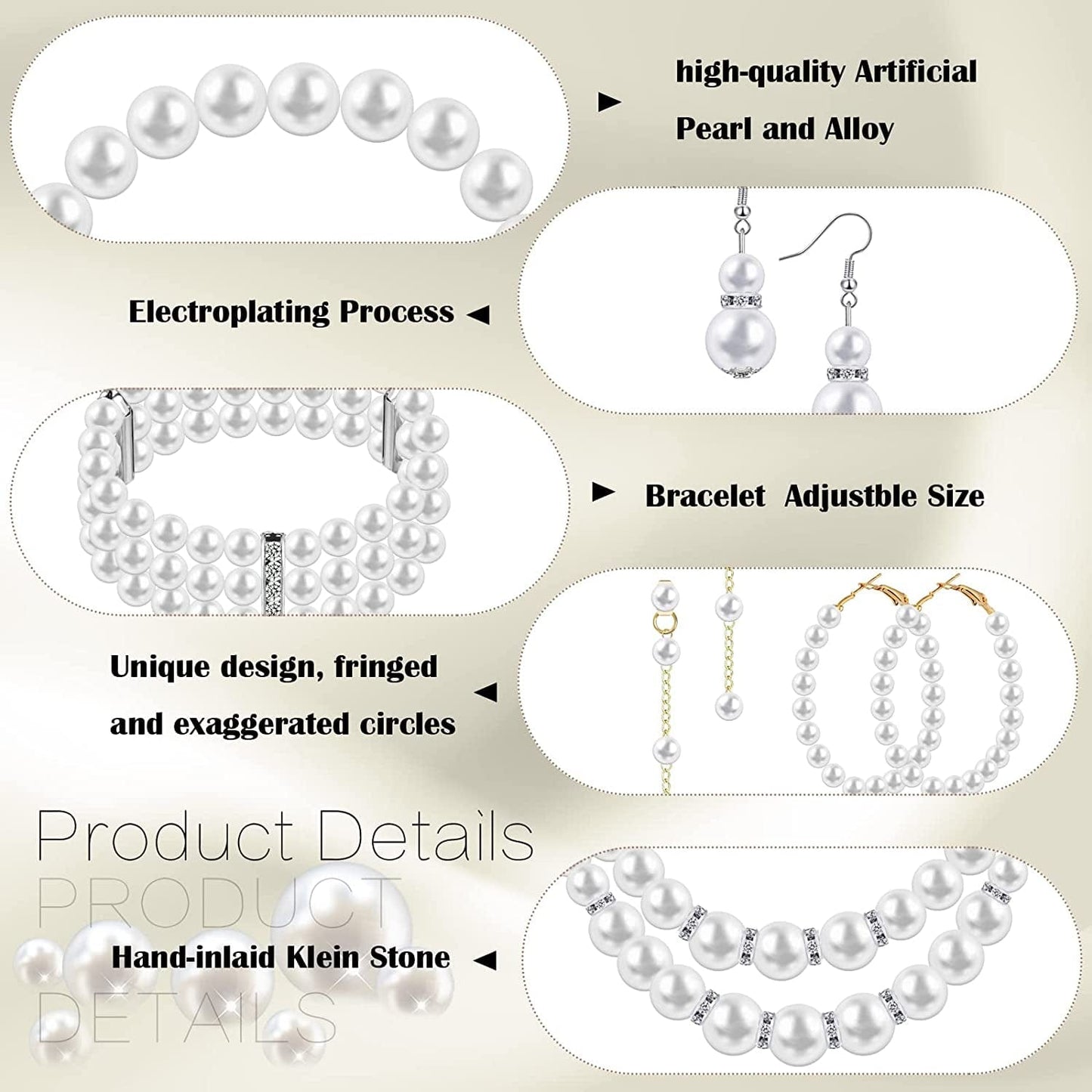 8 Pcs Pearl Necklace Pearl Earrings Pearl Bracelet Set 1920S Simulated Pearls Accessories Wedding Pearl Jewelry Set Christmas Gift for Women Mom Wife