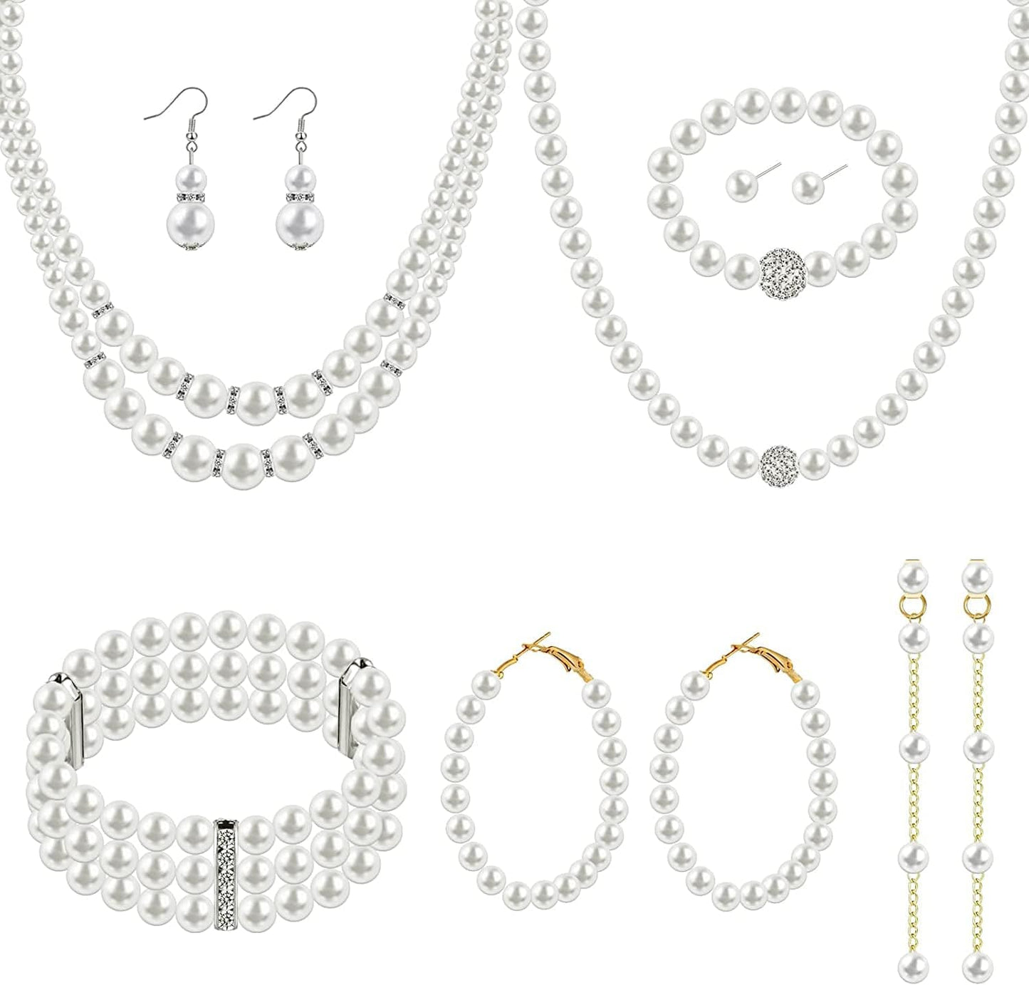 8 Pcs Pearl Necklace Pearl Earrings Pearl Bracelet Set 1920S Simulated Pearls Accessories Wedding Pearl Jewelry Set Christmas Gift for Women Mom Wife Graceful Style