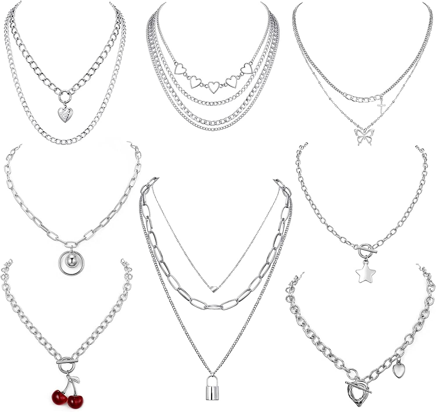 8 PCS Silver/Gold-Tone Chain Necklace Set for Women and Teen Girls and Boys - Layered Pendants Necklace with Multi-Style Design, Egirl Necklace Emo Chains Goth Chains Accessories Alt Jewelry #3-silver