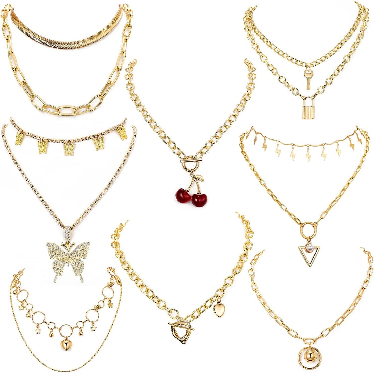 8 PCS Silver/Gold-Tone Chain Necklace Set for Women and Teen Girls and Boys - Layered Pendants Necklace with Multi-Style Design, Egirl Necklace Emo Chains Goth Chains Accessories Alt Jewelry #1-Gold